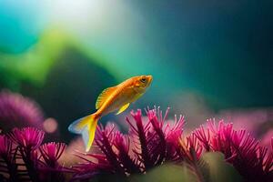 uma peixe é em pé em topo do roxa flores gerado por IA foto