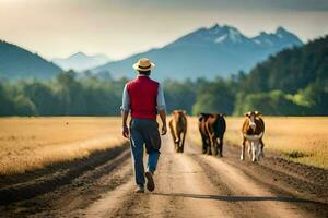 uma homem caminhando baixa uma sujeira estrada com vacas. gerado por IA foto