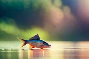 uma peixe é em pé em a água com uma embaçado fundo. gerado por IA foto