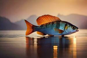 uma peixe é flutuando em a água às pôr do sol. gerado por IA foto