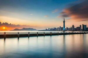 a Sol conjuntos sobre a cidade Horizonte dentro Taiwan. gerado por IA foto