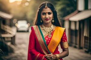 lindo indiano mulher dentro tradicional sári. gerado por IA foto