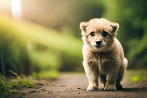 uma cachorro é em pé em uma sujeira estrada. gerado por IA foto