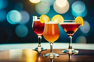 três diferente tipos do alcoólico bebidas em uma mesa. gerado por IA foto