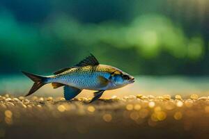 uma peixe é em pé em a terra dentro frente do uma embaçado fundo. gerado por IA foto