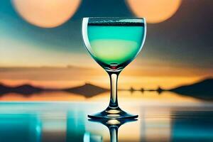 uma vidro do vinho com uma pôr do sol dentro a fundo. gerado por IA foto