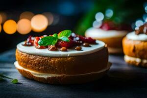 três bolos com creme e bagas em uma de madeira mesa. gerado por IA foto