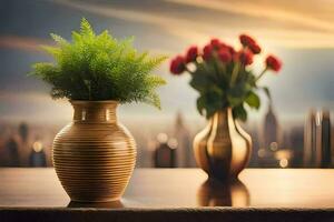 dois vasos com flores em uma mesa dentro frente do uma paisagem urbana. gerado por IA foto
