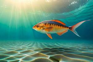 peixe natação dentro a oceano com luz solar brilhando através a água. gerado por IA foto