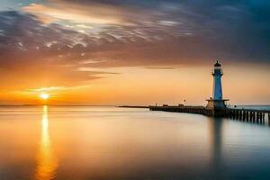 uma farol carrinhos em a água às pôr do sol. gerado por IA foto