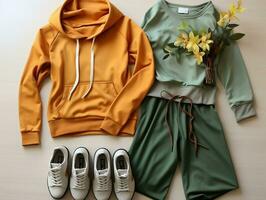 desportivo laranja e verde equipamento informal roupas conjunto generativo ai foto