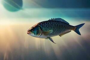peixe dentro a água com uma Sol dentro a fundo. gerado por IA foto