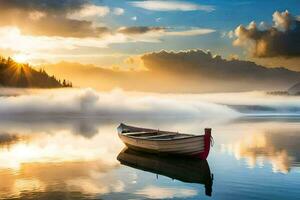 uma barco senta em a água às nascer do sol. gerado por IA foto