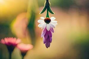 uma flor suspensão a partir de uma videira com uma Sol dentro a fundo. gerado por IA foto