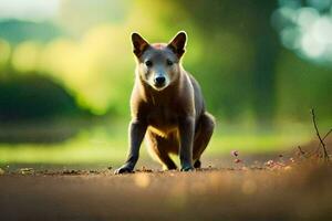 australiano cachorro em pé em a sujeira estrada. gerado por IA foto