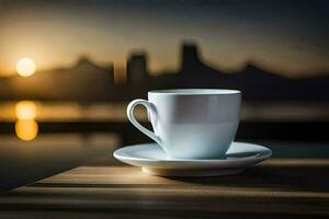 uma café copo senta em uma mesa com uma cidade dentro a fundo. gerado por IA foto