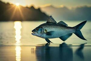 uma peixe é em pé em a água às pôr do sol. gerado por IA foto