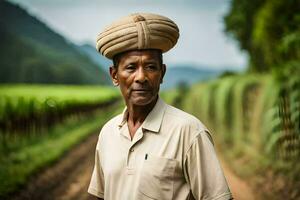 uma homem vestindo uma turbante em uma sujeira estrada. gerado por IA foto