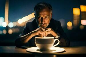 uma homem dentro uma terno é sentado às uma mesa com uma copo do café. gerado por IA foto