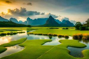 a panorama do a li rio vale, Yangshuo, China. gerado por IA foto