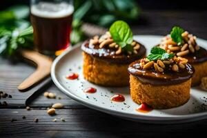 três mini bolos de copo com chocolate molho e nozes em uma placa. gerado por IA foto