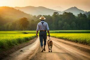 homem caminhando dele cachorro dentro a interior. gerado por IA foto