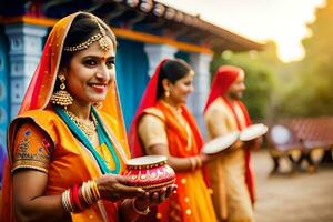 indiano mulheres dentro tradicional vestuário segurando uma Panela. gerado por IA foto