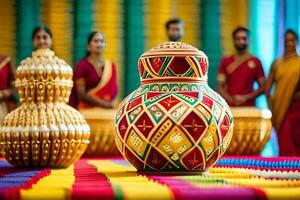 uma grupo do pessoas em pé por aí uma colorida vaso. gerado por IA foto