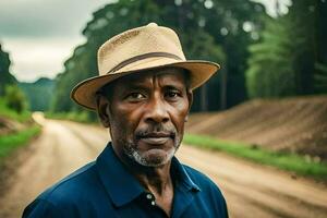 uma homem dentro uma chapéu em pé em uma sujeira estrada. gerado por IA foto