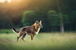 uma Lobo é caminhando através uma campo às pôr do sol. gerado por IA foto