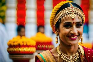 uma mulher dentro tradicional indiano vestuário sorrisos para a Câmera. gerado por IA foto