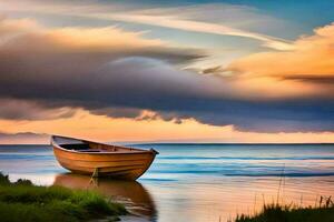 uma barco senta em a costa às pôr do sol. gerado por IA foto