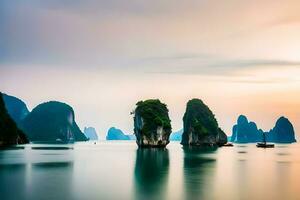 a nascer do sol sobre Halong baía, Vietnã. gerado por IA foto