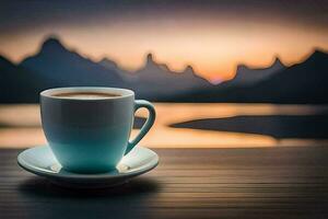 café copo em a mesa com montanhas dentro a fundo. gerado por IA foto