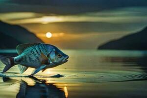 uma peixe é em pé em a água às pôr do sol. gerado por IA foto