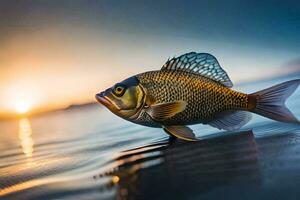 uma peixe é em pé em a água às pôr do sol. gerado por IA foto