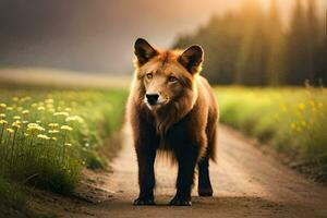 uma Lobo é caminhando baixa uma sujeira estrada. gerado por IA foto