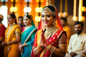 indiano noiva dentro tradicional vestuário às dela casamento. gerado por IA foto