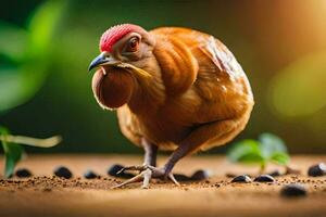 uma frango caminhando em a terra com sujeira e folhas. gerado por IA foto