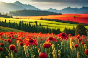 vermelho flores dentro uma campo com montanhas dentro a fundo. gerado por IA foto