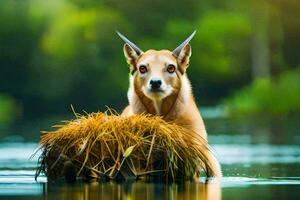 uma cachorro sentado em uma pilha do Relva dentro a água. gerado por IA foto