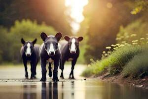 três Preto e branco animais caminhando ao longo uma caminho. gerado por IA foto