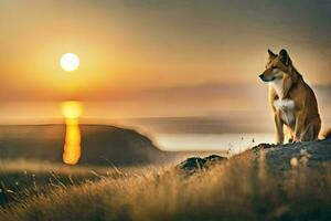 uma cachorro sentado em uma Colina às pôr do sol. gerado por IA foto