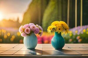 dois vasos com flores em uma mesa dentro frente do uma jardim. gerado por IA foto