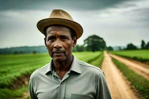 uma homem dentro uma chapéu em pé dentro uma campo. gerado por IA foto