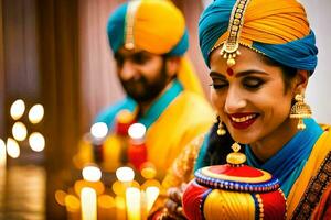 uma mulher dentro uma turbante segurando uma vela. gerado por IA foto