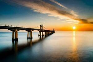 a Sol conjuntos sobre uma grandes ponte sobre a oceano. gerado por IA foto