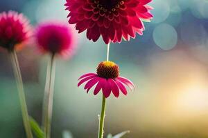 dois Rosa flores estão em pé dentro frente do cada outro. gerado por IA foto