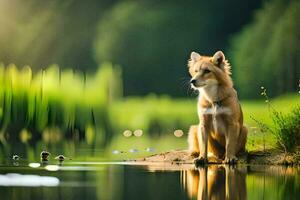 uma cachorro sentado em a Beira do uma lago. gerado por IA foto