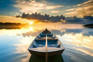 uma barco a remo é flutuando dentro a água às pôr do sol. gerado por IA foto